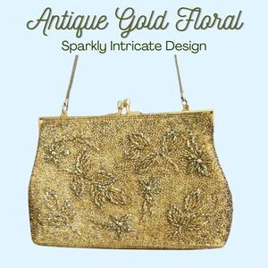 Antique Handbag Small Gold Crystal Microbead Clutch 1920s Purse Kiss Clasp